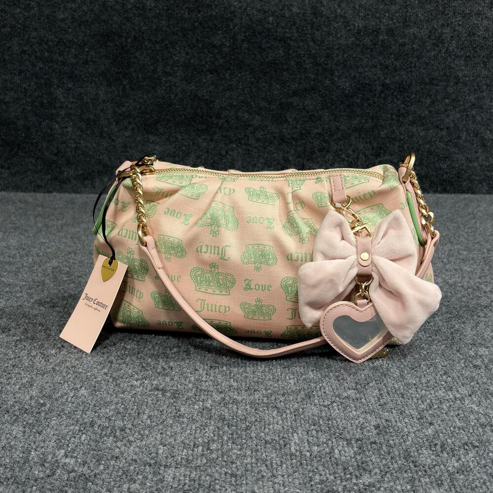 Juicy Couture Shoulder Bag Womens Small Pink Fan Club Crown Bow Dog Heart Charm